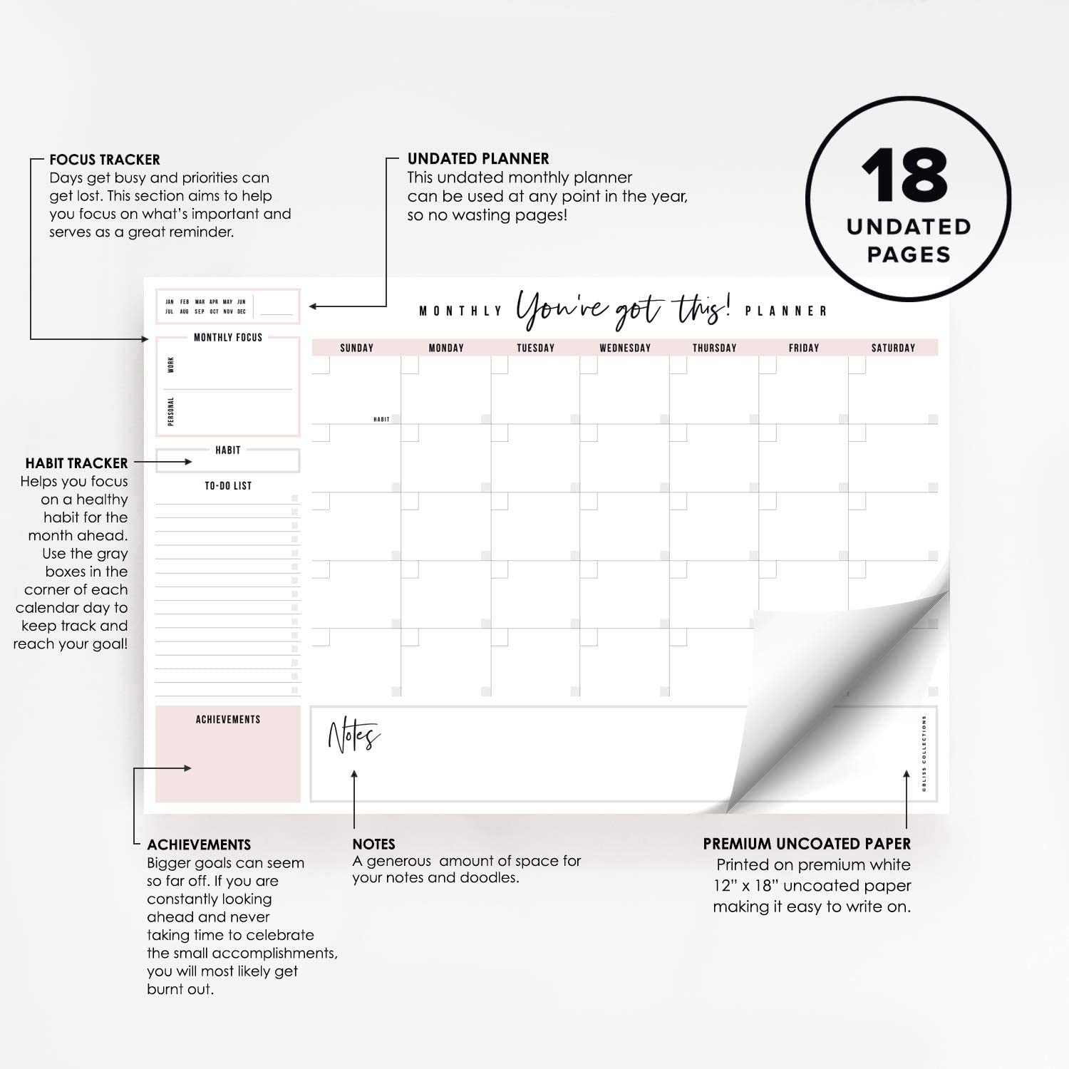Bliss Collections Monthly Planner, "You've Got This", Undated Desk Calendar and Planner for Organizing and Scheduling Tasks, Productivity Tracker, Goals, Notes and To-Do Lists, 12"x18" (18 Sheets) - Image 3